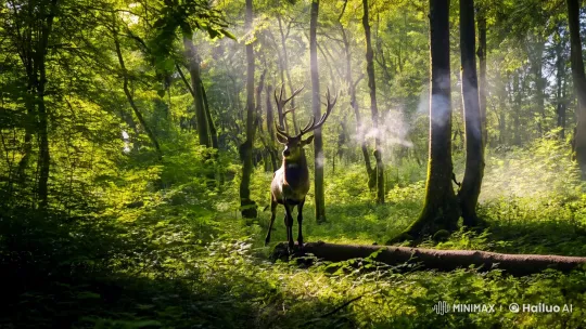 Stag in Verdant Forest: A Majestic Panorama – AI Generated Video | Hailuo AI