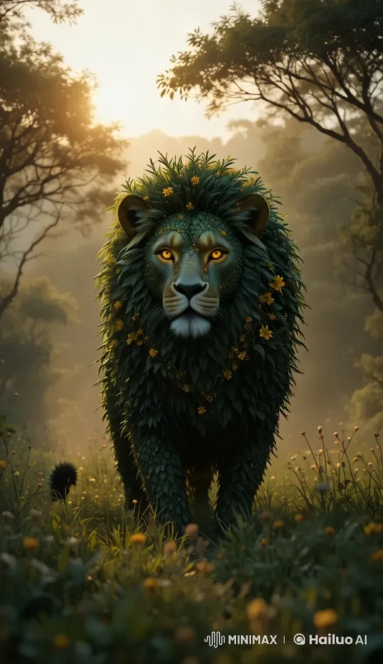 Magical Forest: Majestic Lion with Leaf-Like Fur – AI Generated Video | Hailuo AI