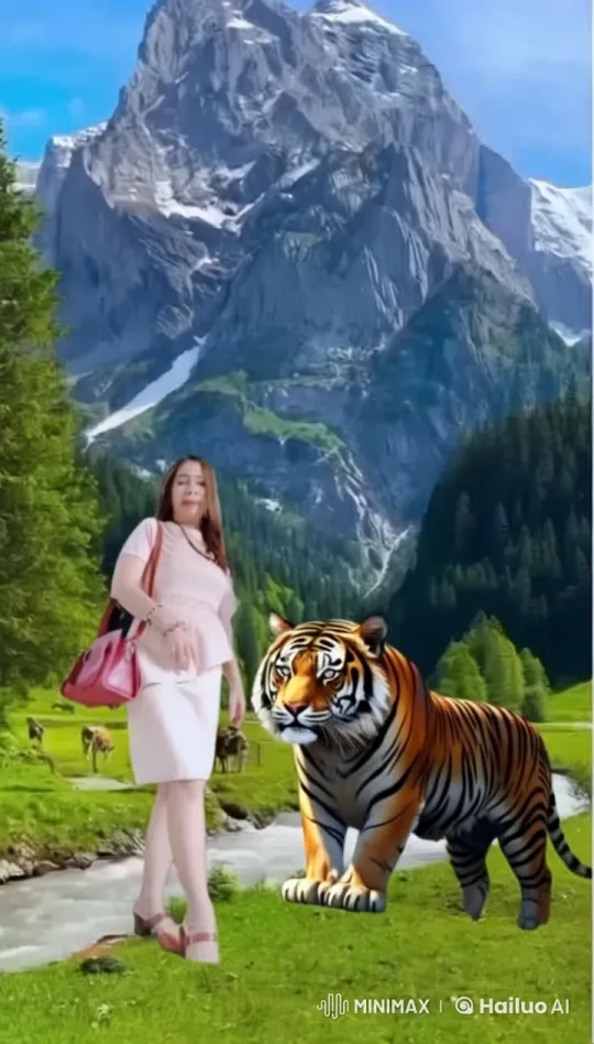 Woman and Tiger in Majestic Mountain Landscape – AI Generated Video | Hailuo AI