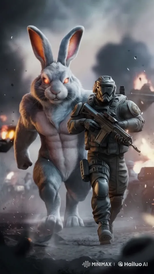 Armored Soldier and Giant Rabbit March Through Warzone – AI Generated Video | Hailuo AI