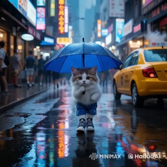 Cat in Blue Shorts Stands Under Umbrella in Urban Rain – AI Generated Video | Hailuo AI