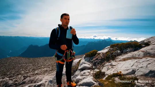 Climber Pauses for Water on Majestic Mountain – AI Generated Video | Hailuo AI