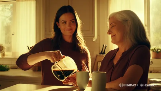 Intimate Coffee Exchange in Sunlit Kitchen – AI Generated Video | Hailuo AI