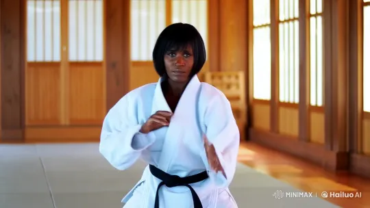 Woman in Karate Gi Performs Skilled Combat Stance – AI Generated Video | Hailuo AI
