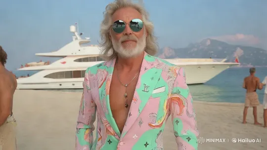 Vibrant Man in Pastel Suit Meets Scenic Beach – AI Generated Video | Hailuo AI