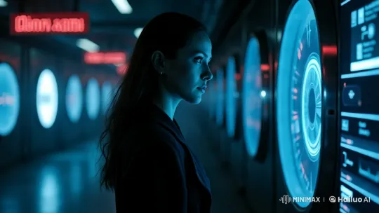 High-Tech Corridor: Person Anticipates Digital Display's Revelation – AI Generated Video | Hailuo AI