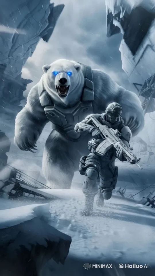 Futuristic Soldier Fends Off Polar Bear in Snowy Apocalypse – AI Generated Video | Hailuo AI
