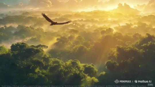 Eagle Soars Over Misty Rainforest at Sunrise – AI Generated Video | Hailuo AI
