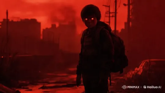 Child in Apocalyptic Cityscape with Eerie Glow – AI Generated Video | Hailuo AI