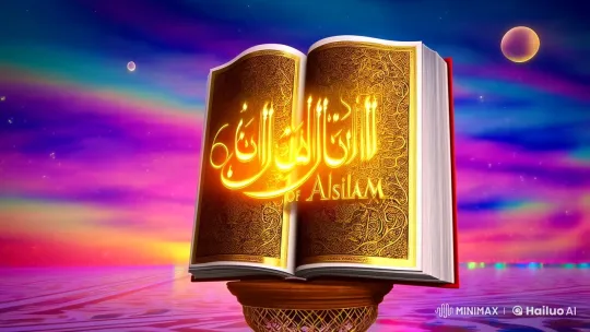 Islamic Calligraphy Book in Majestic Mosque with Ethereal Sky – AI Generated Video | Hailuo AI