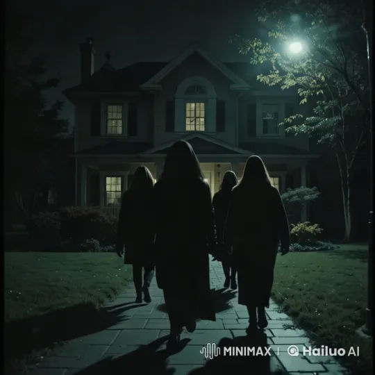 Mysterious Group Approaches Illuminated House at Night – AI Generated Video | Hailuo AI