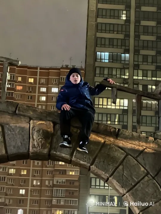 Young Man Balances on Stone Arch in Urban Nightscape – AI Generated Video | Hailuo AI