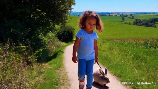 Mixed-Race Girl Walks Countryside With Pet Rabbit – AI Generated Video | Hailuo AI