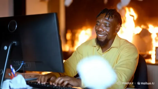 Man Types Calmly Amid Office Inferno – AI Generated Video | Hailuo AI
