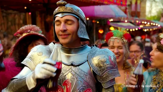 Knight Enjoys Coca-Cola at Festive Celebration – AI Generated Video | Hailuo AI
