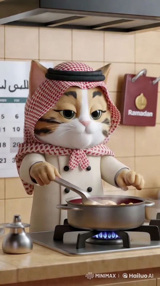 Cat Cooks in Traditional Attire During Ramadan – AI Generated Video | Hailuo AI
