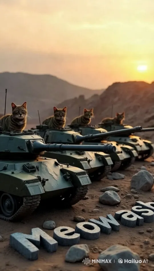 Brave Cats Guard Desert Tanks at Sunset – AI Generated Video | Hailuo AI