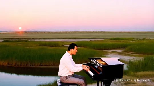 Pianist Plays Amidst Steppe at Sunrise – AI Generated Video | Hailuo AI