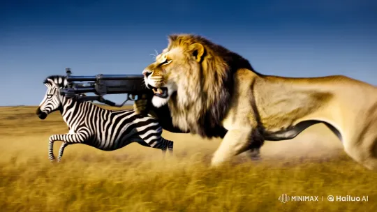 Lion with Machine Gun Pursues Zebra in Savanna Chase – AI Generated Video | Hailuo AI