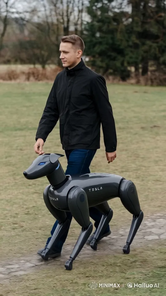 Man Walks with Tesla Robotic Dog in Futuristic Harmony – AI Generated Video | Hailuo AI