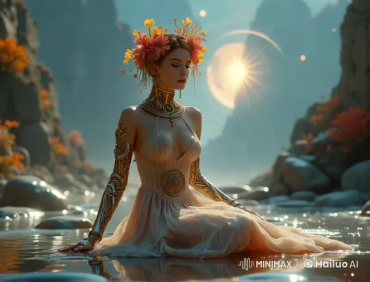 Golden Hour Serenity: Woman in Stream Amidst Orange Flowers – AI Generated Video | Hailuo AI