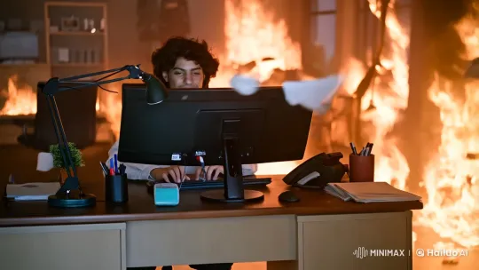 Young Man Calm Amidst Office Fire Chaos – AI Generated Video | Hailuo AI