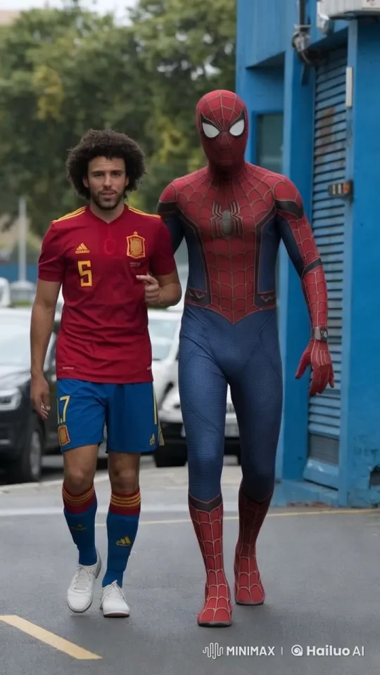Spider-Man and Soccer Player Converse on Colorful Street – AI Generated Video | Hailuo AI