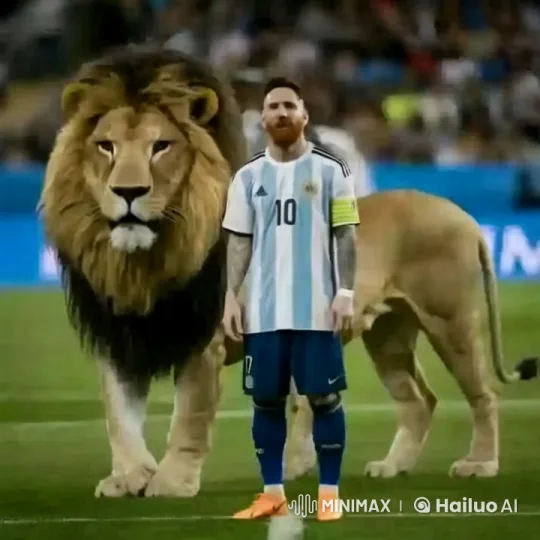 Argentinian Player and Lion: A Powerful Display on the Soccer Field – AI Generated Video | Hailuo AI
