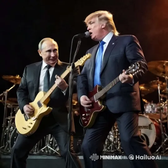 Two Men in Suits Perform Energetic Guitar Duet – AI Generated Video | Hailuo AI