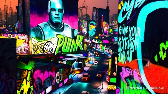 Cyberpunk Cityscape with Dystopian Cyborg Mural and Bitcoin Threat – AI Generated Video | Hailuo AI
