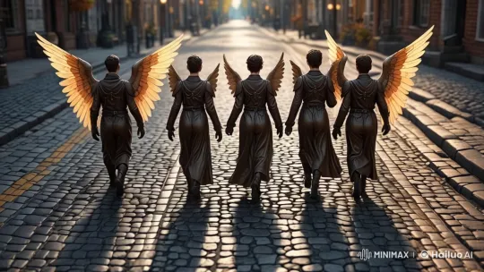 Angels Walk Down Photorealistic Cobblestone Street – AI Generated Video | Hailuo AI