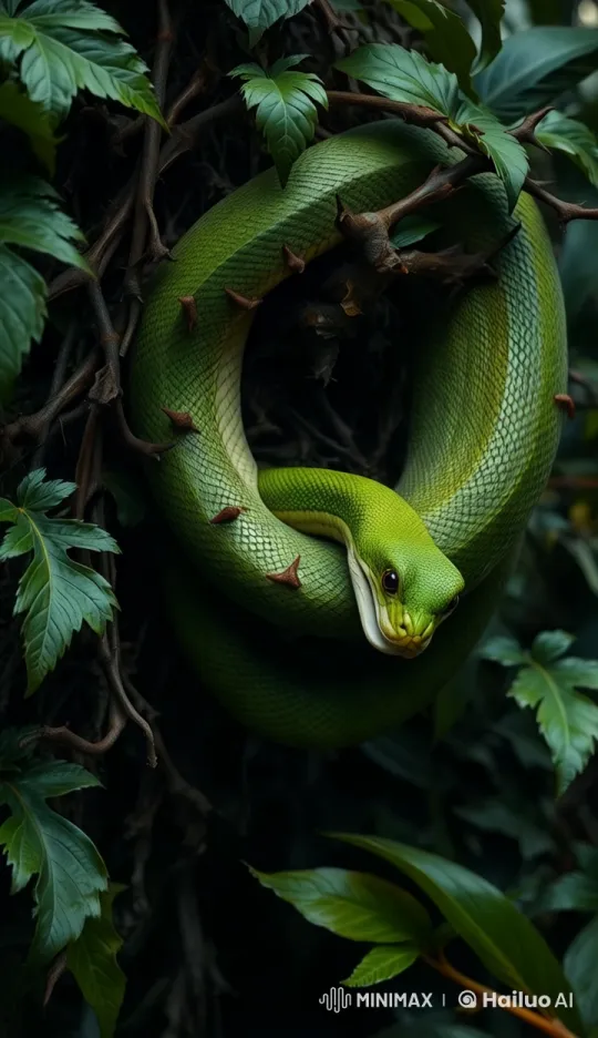 Vibrant Green Snake in Lush Natural Habitat – AI Generated Video | Hailuo AI