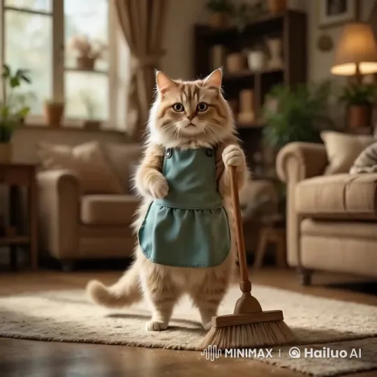Orange Tabby Cat Diligently Sweeps Living Room – AI Generated Video | Hailuo AI