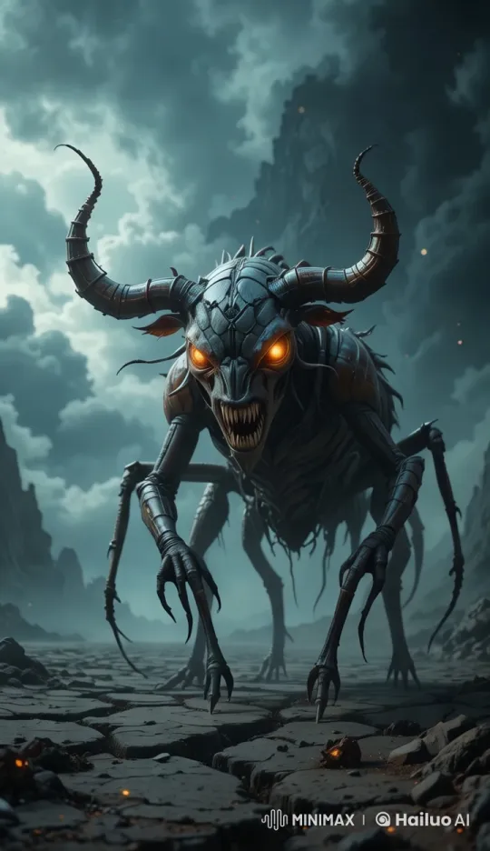 Mechanical Demon Pursues in Dark Apocalyptic Landscape – AI Generated Video | Hailuo AI