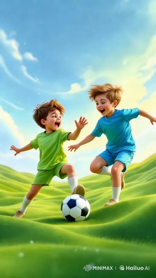 Boys Playing Soccer on Rolling Hills – AI Generated Video | Hailuo AI
