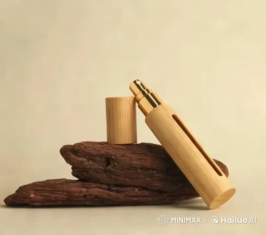 Aesthetic Close-up of Bamboo Spray Bottle on Textured Wood – AI Generated Video | Hailuo AI