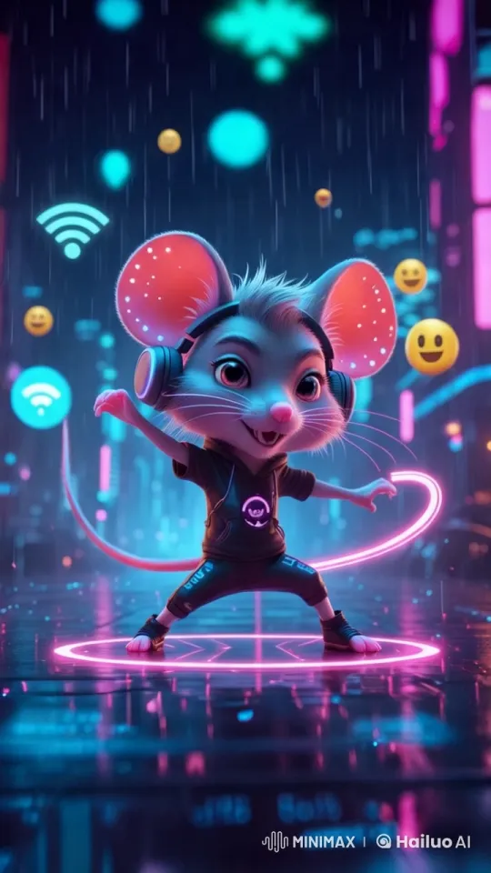 Futuristic DJ Mouse in Cyberpunk Cityscape – AI Generated Video | Hailuo AI