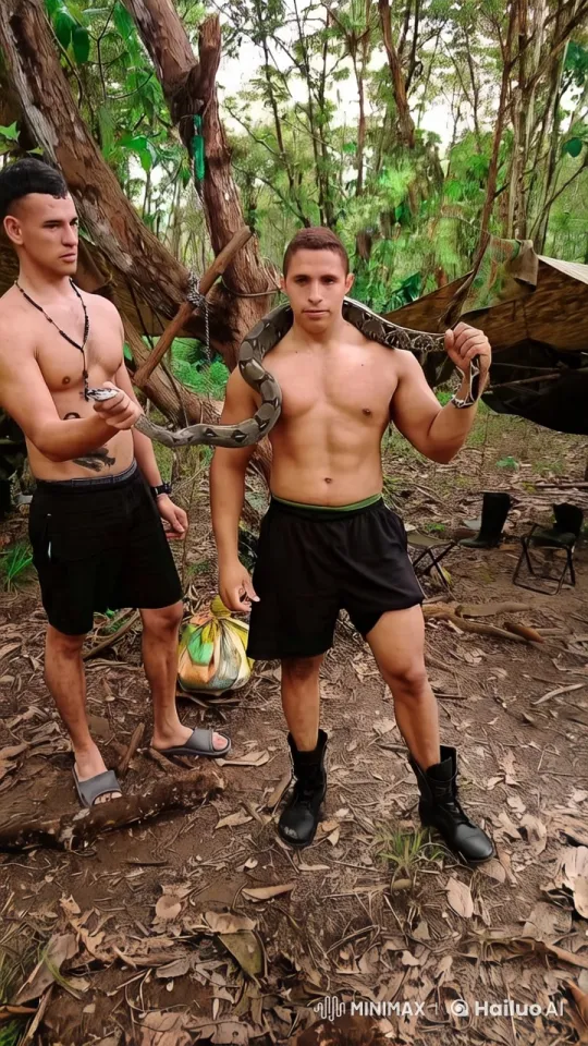 Men and Snake in Lush Forest Setting – AI Generated Video | Hailuo AI
