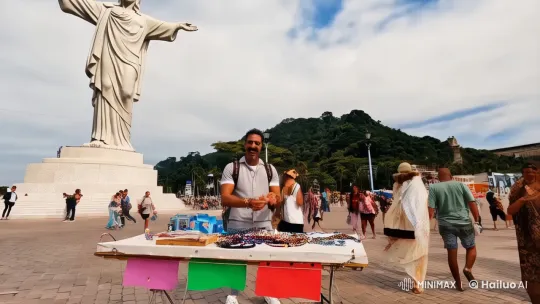 Vibrant Vendor Engages with Customers at Christ the Redeemer Square – AI Generated Video | Hailuo AI
