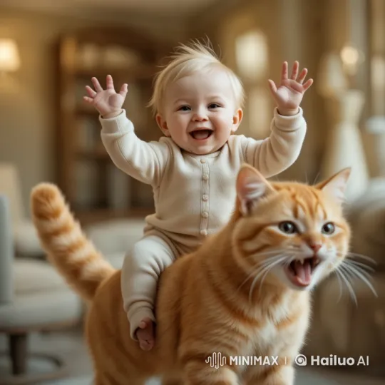 Child Joyfully Rides Animated Orange Cat in Cozy Room – AI Generated Video | Hailuo AI