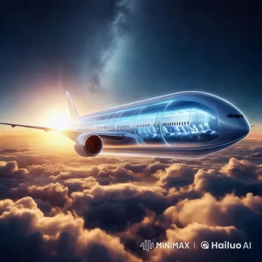 Futuristic Airplane Soars Through Clouds at Sunset – AI Generated Video | Hailuo AI