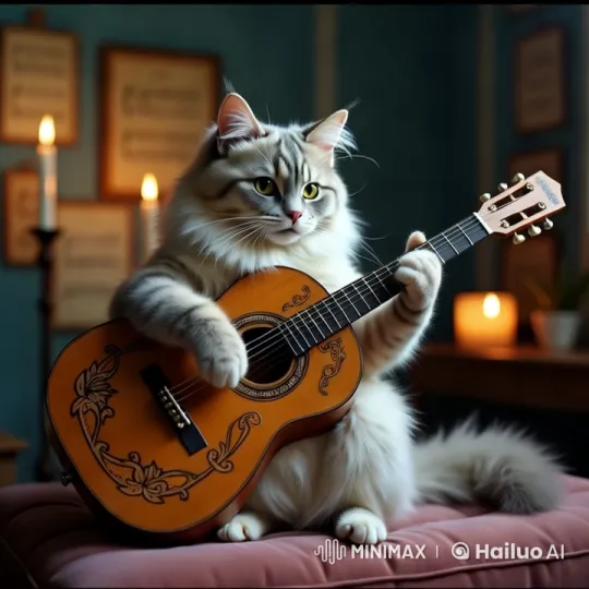 Fluffy Cat Serenades with Acoustic Guitar in Artistic Setting – AI Generated Video | Hailuo AI