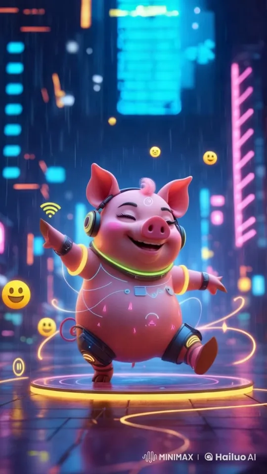 Futuristic Cityscape with Energetic Pig DJ – AI Generated Video | Hailuo AI
