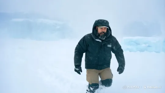 Resilient Man Braves Harsh Antarctic Blizzard – AI Generated Video | Hailuo AI