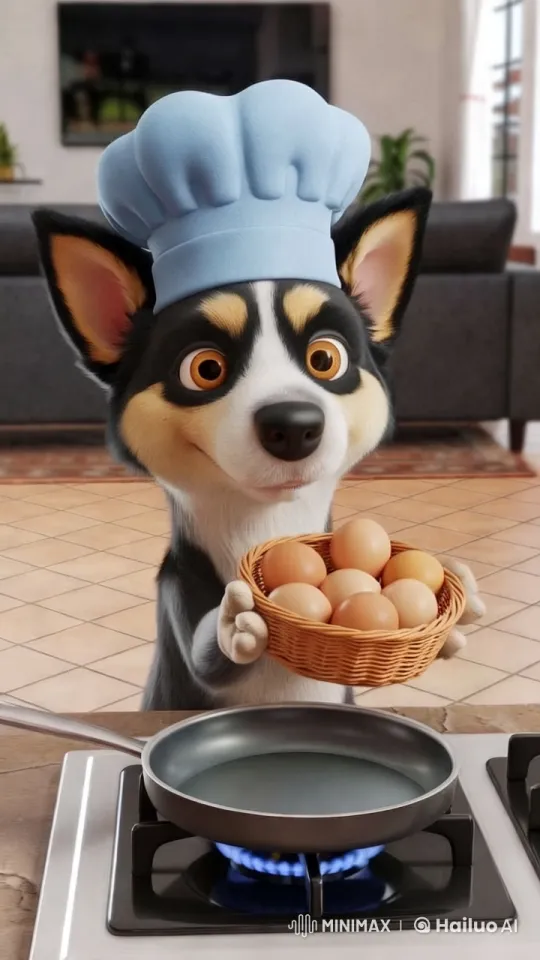 Cute Dog Chef Cooks Omelet in Cozy Kitchen – AI Generated Video | Hailuo AI