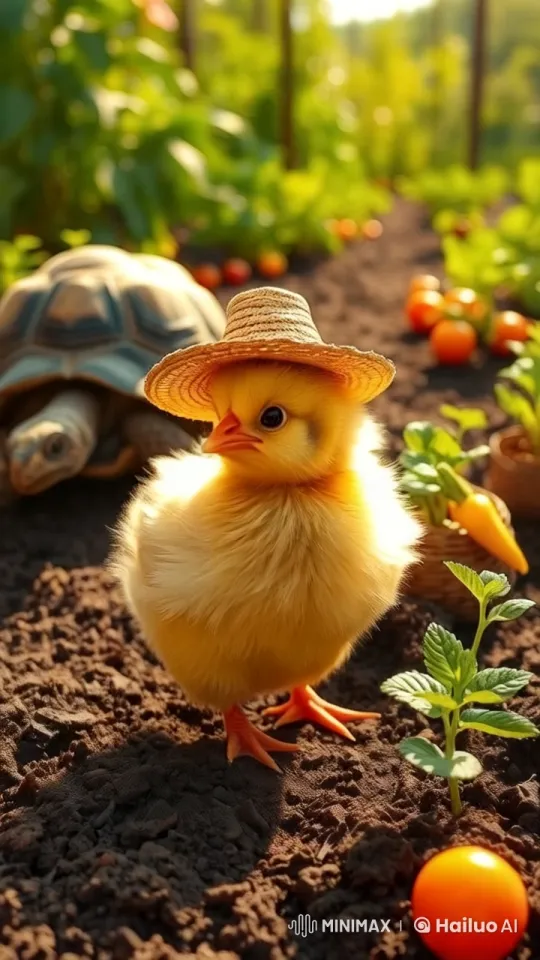 Charming Chick and Tortoise in a Sunlit Garden – AI Generated Video | Hailuo AI