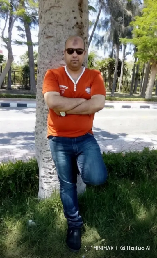 Man in Orange Shirt Poses by Tree in Park – AI Generated Video | Hailuo AI