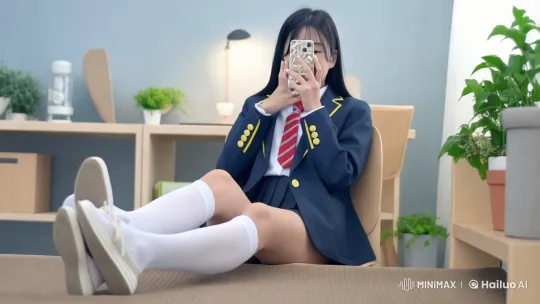 Korean Student in Uniform Shows Feet in Stockings – AI Generated Video | Hailuo AI