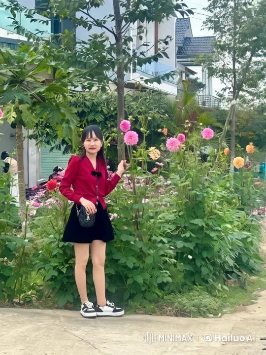 Stylish Woman in Vibrant Garden with Modern House – AI Generated Video | Hailuo AI