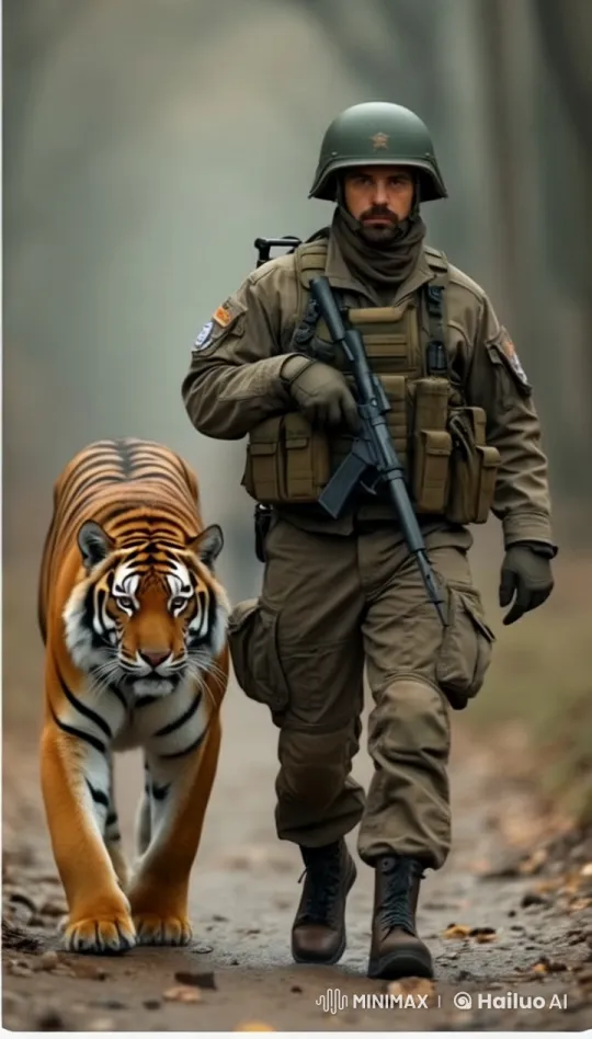 Soldier and Tiger Walk in Sync Through Forest – AI Generated Video | Hailuo AI